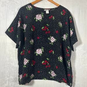 Vintage Cherries Top XL PETITE Black White Polka Dot Floral USA Made Boxy